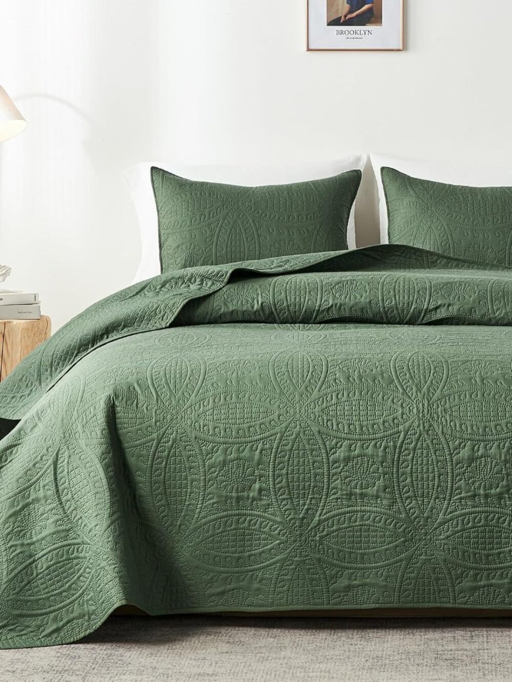 Queen Quilt Bedding Set,Olive Green Ultrasonic Full/Queen Quilt Set,Lightweight